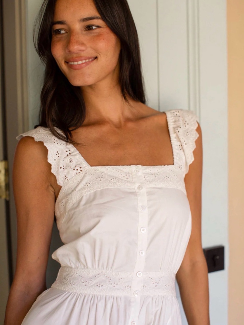 Frieda Dress White Eyelet Midi Sundress with Square Neckline - Picture 4 of 8